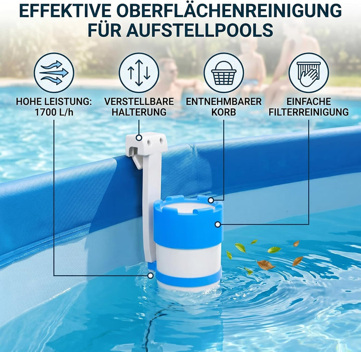 Gecheer Pool Einhängeskimmer mit Pumpe 1700 L/h + Adapter, verstellbare Halterung, Abnehmbarer Korb