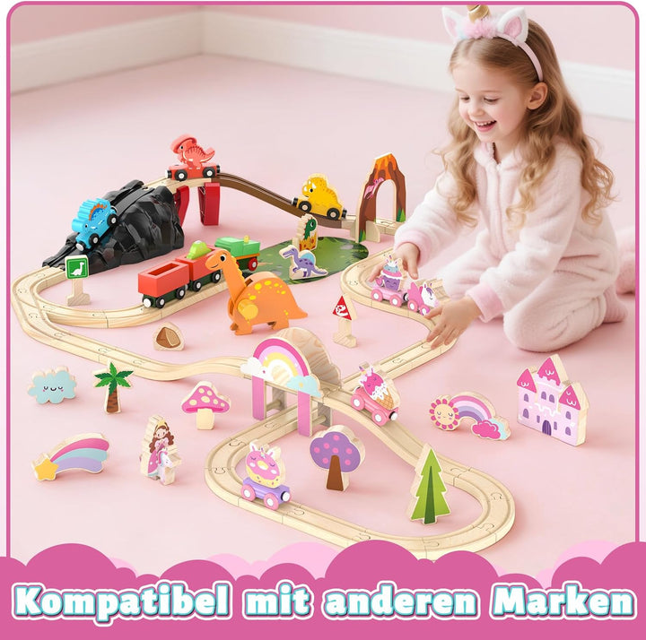 Lehoo Castle Holzeisenbahn für Mädchen, Holz Eisenbahn Kinder, Eisenbahn Holz, Einhorn Spielzeug, Sp