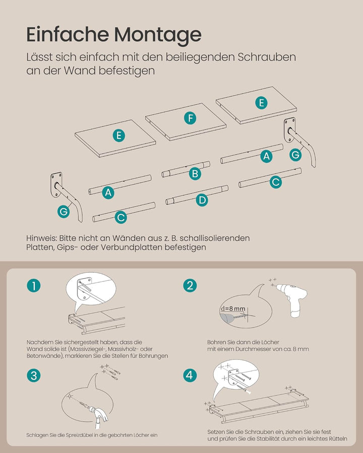 SONGMICS Wandgarderobe, Garderobe, Wandregal mit Kleiderstange, Gesamtbelastbarkeit 35 kg, 28 x 109