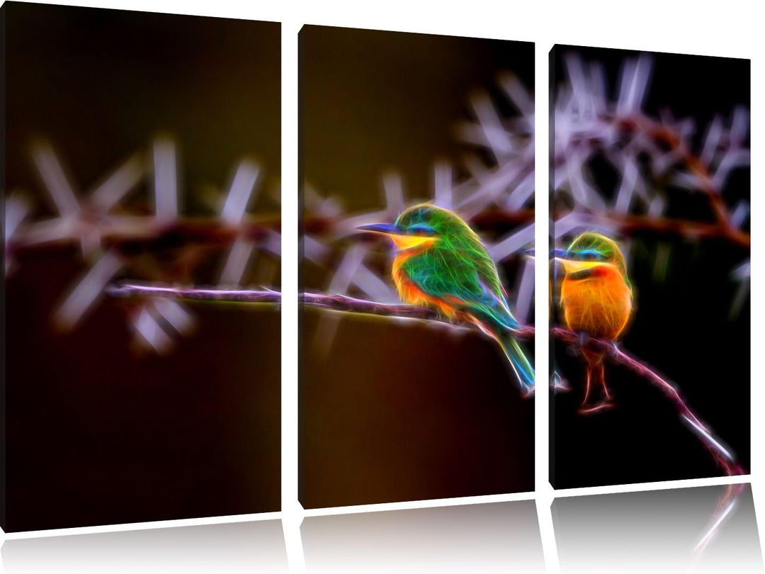 Dark farbenfrohe exotische Vögel auf Ast NewArt 3-Teiler Leinwandbild 120x80 Bild auf Leinwand, XXL