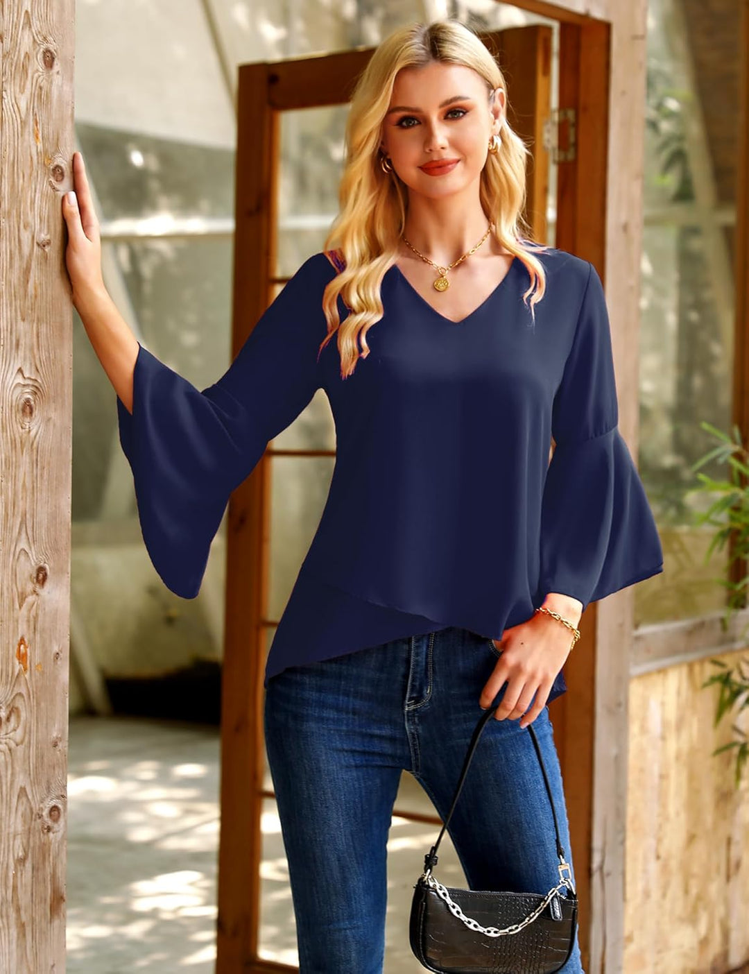 Gyabnw Damen Chiffon Bluse Volantärmeln Tunika 3/4 Arm Elegant Chiffontunika Festlich Chiffon Bluse