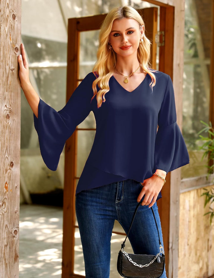 Gyabnw Damen Chiffon Bluse Volantärmeln Tunika 3/4 Arm Elegant Chiffontunika Festlich Chiffon Bluse