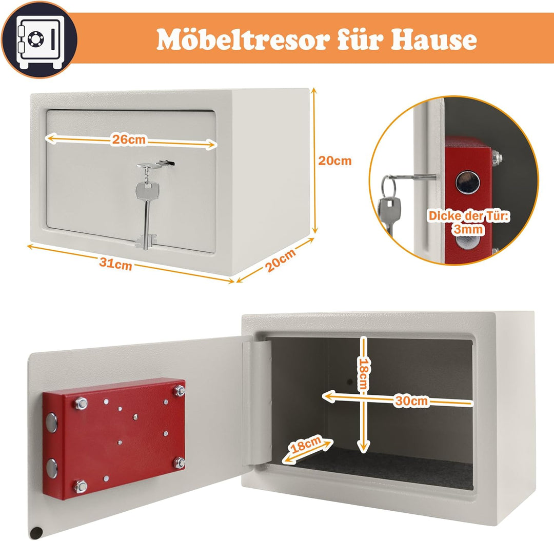 SUBTLETY 31x20x20cm Möbeltresor Abschliessbar Safe Tresor mit Doppelbartschloss und 2 Schlüssel Wand