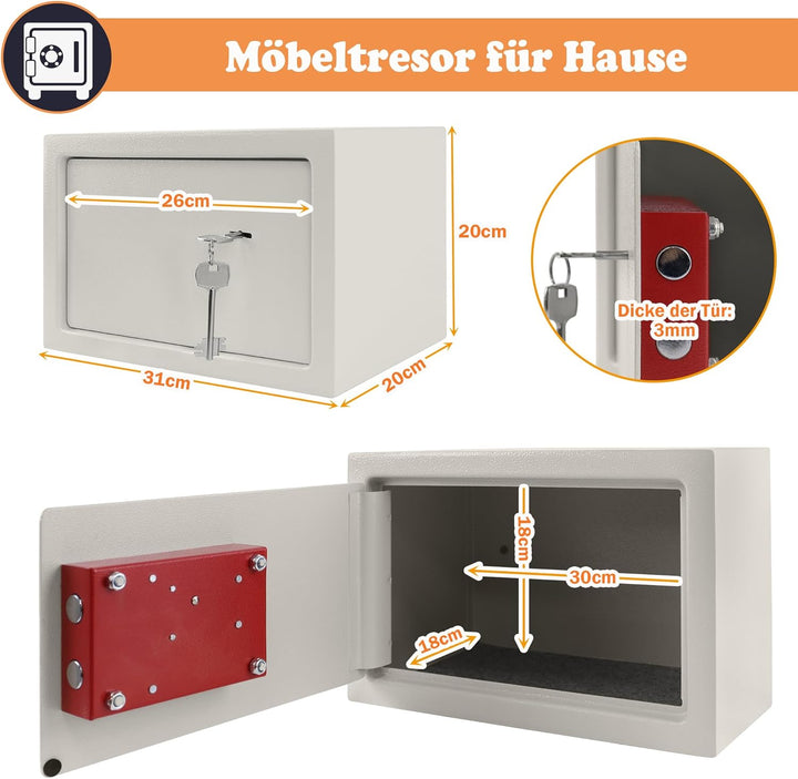 SUBTLETY 31x20x20cm Möbeltresor Abschliessbar Safe Tresor mit Doppelbartschloss und 2 Schlüssel Wand