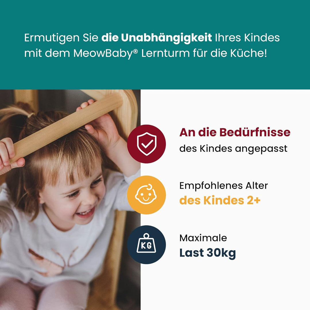 MEOWBABY Lernturm für Kinder - Baby Montessori Verstellbar Learning Tower aus Natur Holz, Kleinkind