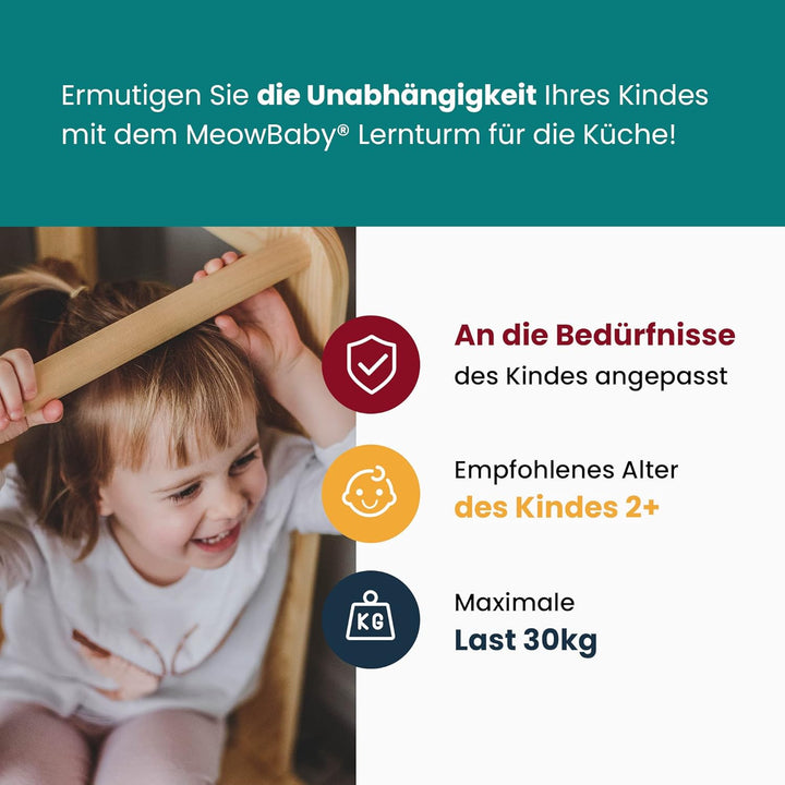 MEOWBABY Lernturm für Kinder - Baby Montessori Verstellbar Learning Tower aus Natur Holz, Kleinkind