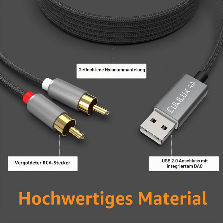 Cubilux USB A auf 2x RCA Audio Kabel, Stereo Cinch AUX Kabel 1,8 m (6 ft) mit DAC bis 384 kHz / 24 B