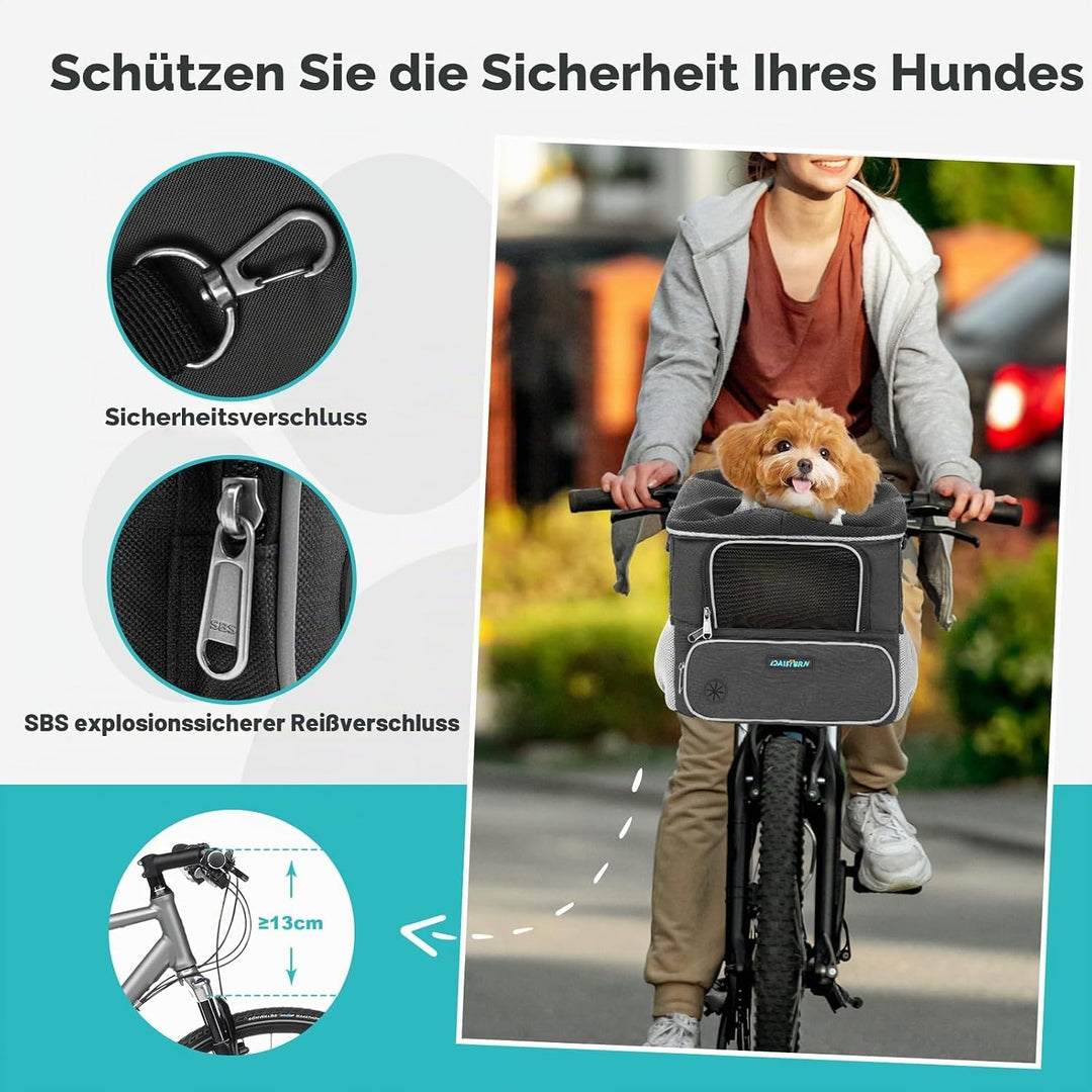 Hundefahrradkorb bis 3KG mit Lenkeradapter Φ53mm, Hundekorb Fahrrad Vorne Rucksack Schultertasche Au