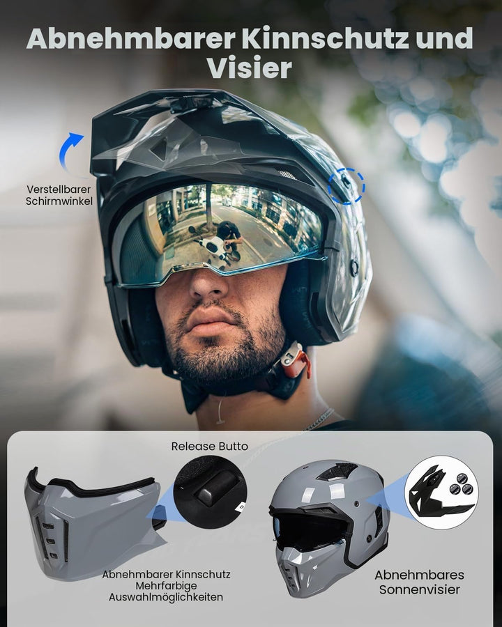 ILM Helm Integralhelm | Jethelm Motorrad Motocross Herren Damen Vintage Retro mit Visier ECE mit ans