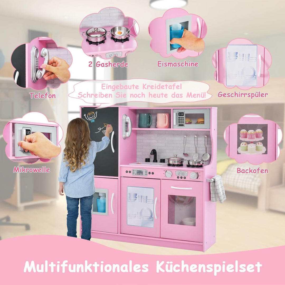 GOPLUS Kinderküche aus Holz, Kinderspielküche mit Mikrowellen, Backofen, Wasserbecken, Kreidetafel &