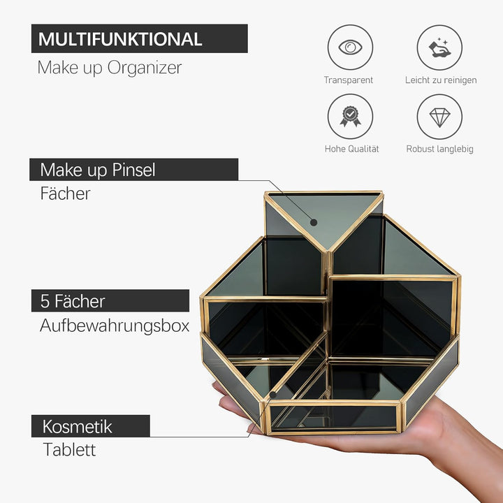 Makeup Organizer Black Schminktisch Organizer Glas Cosmetics Organiser Retro Kosmetik Organizer, 5 F
