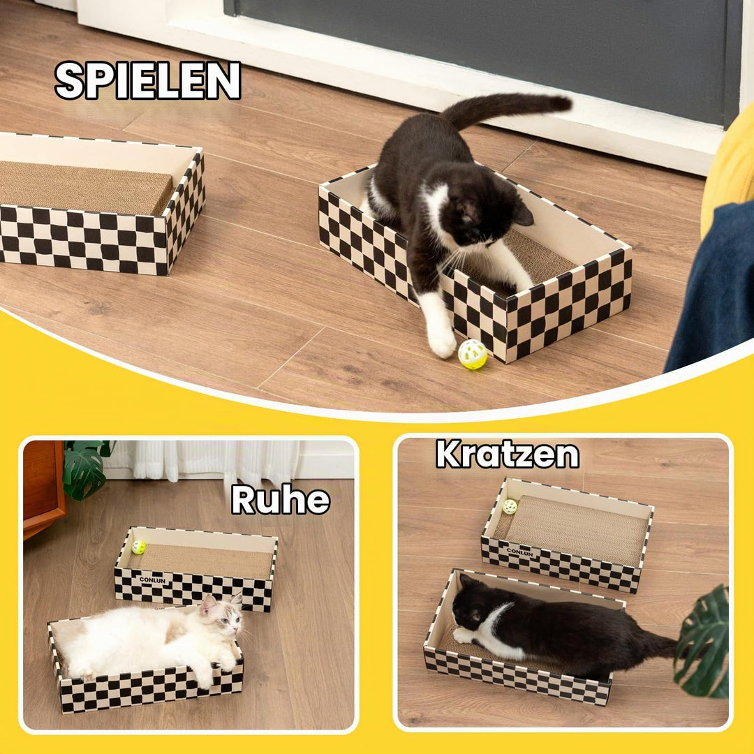 Conlun Katzenkratzbox mit 4 Kratzbretter Katze &amp; 2 Separaten Katzen Kartons &amp; 1 Katzenball, 2-in-1 K