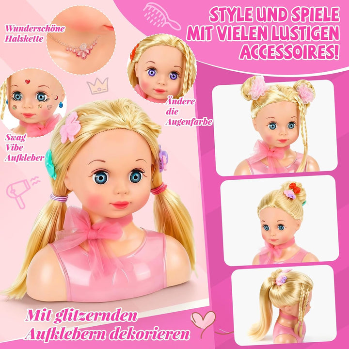 Frisierkopf Kinder Set, Frisierkopfpuppe Spielzeug Set für Kinder mit Haarzubehör, Frisierkopf für M
