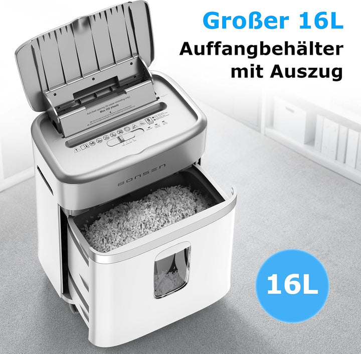BONSEN Aktenvernichter mit 100 Blatt Auto-Feed, P-4 Mikroschnitt Schredder 100sheets+White-Silver, 1