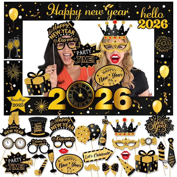 HOWAF 26pcs Silvester Foto Requisiten mit 90X60CM XXL Silvester Fotorahmen Bilderrahmen Neujahr Phot