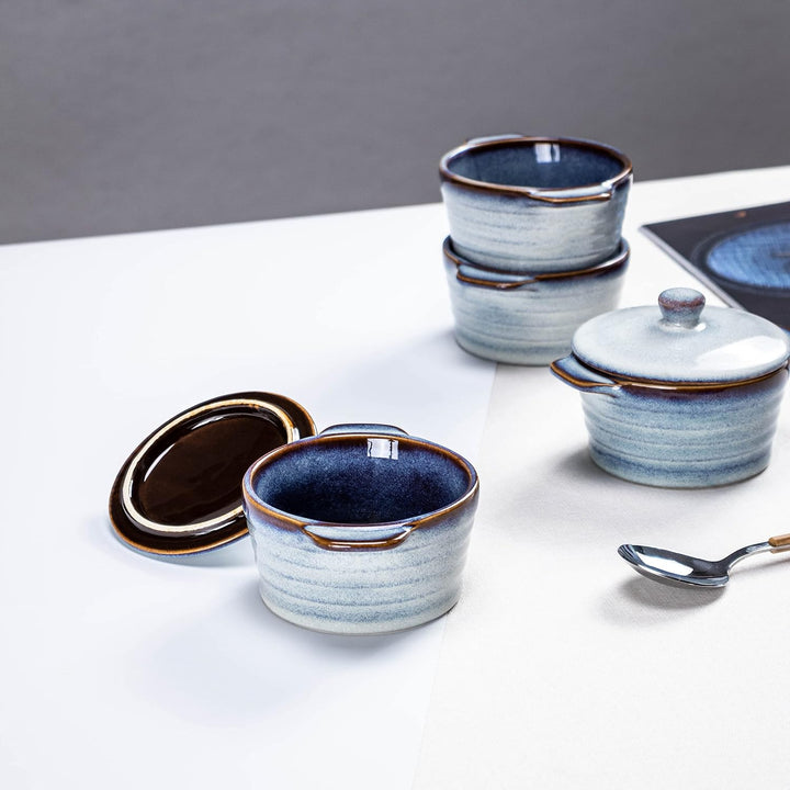 Mini Cocotte Porzellan, Keramik Auflaufform mit Deckel Ofenfest 4 Stück - 230 ml, Creme Brulee Schäl