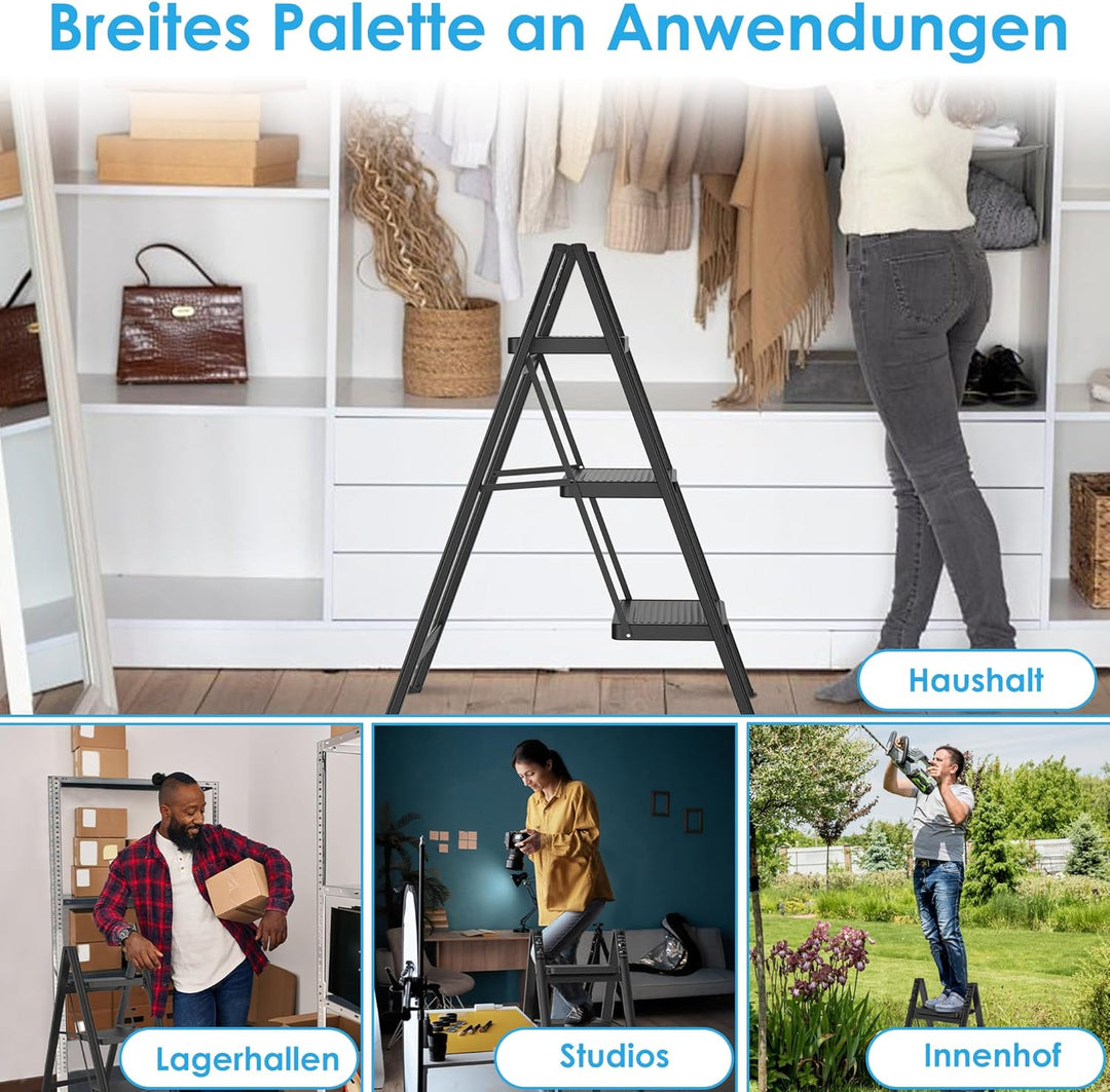 LARS360 Trittleiter 3 Stufen Klappbar, Leiter aus Stahl, rutschfeste Gummimatten, Verbreiterte Stufe