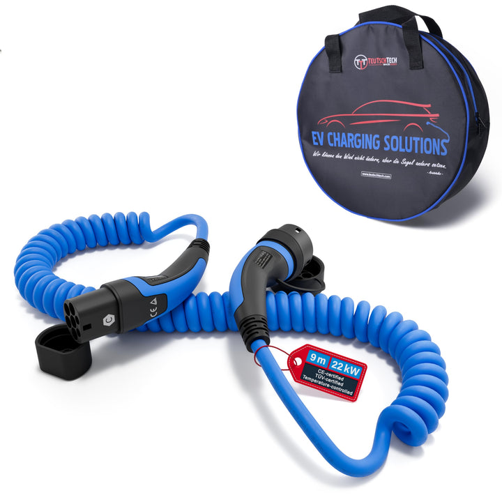 TEUTSCHTECH, EV Ladekabel Spiral I Blau I 9M I TYP2 auf TYP2 I 22kW I 3X32A I 3-phasig I Nutzbare Lä