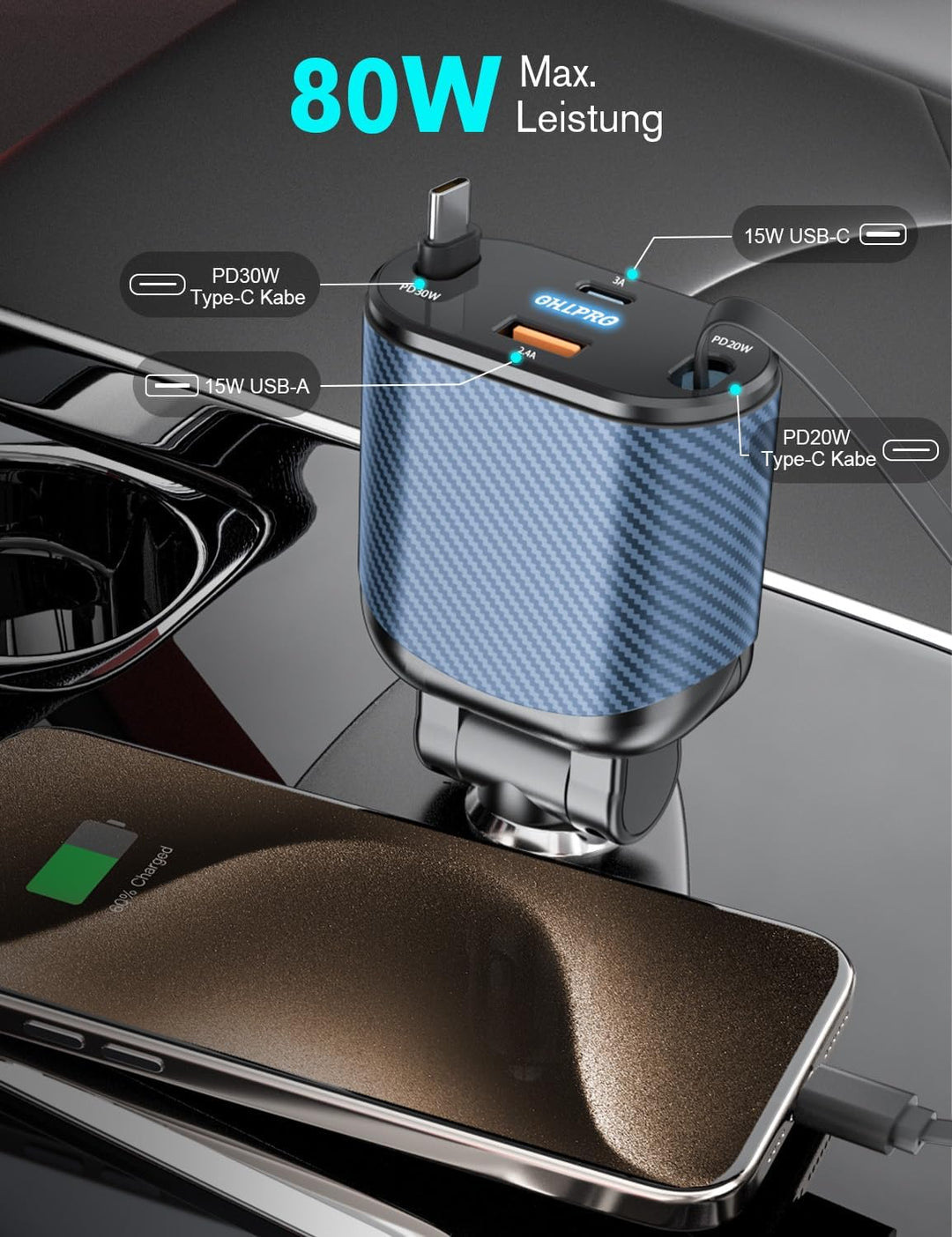 OHLPRO 4 in 1 Einziehbares Auto Ladegerät Zigarettenanzünder USB-C mit 2 Typ-C Kabel, Handy Schnelll