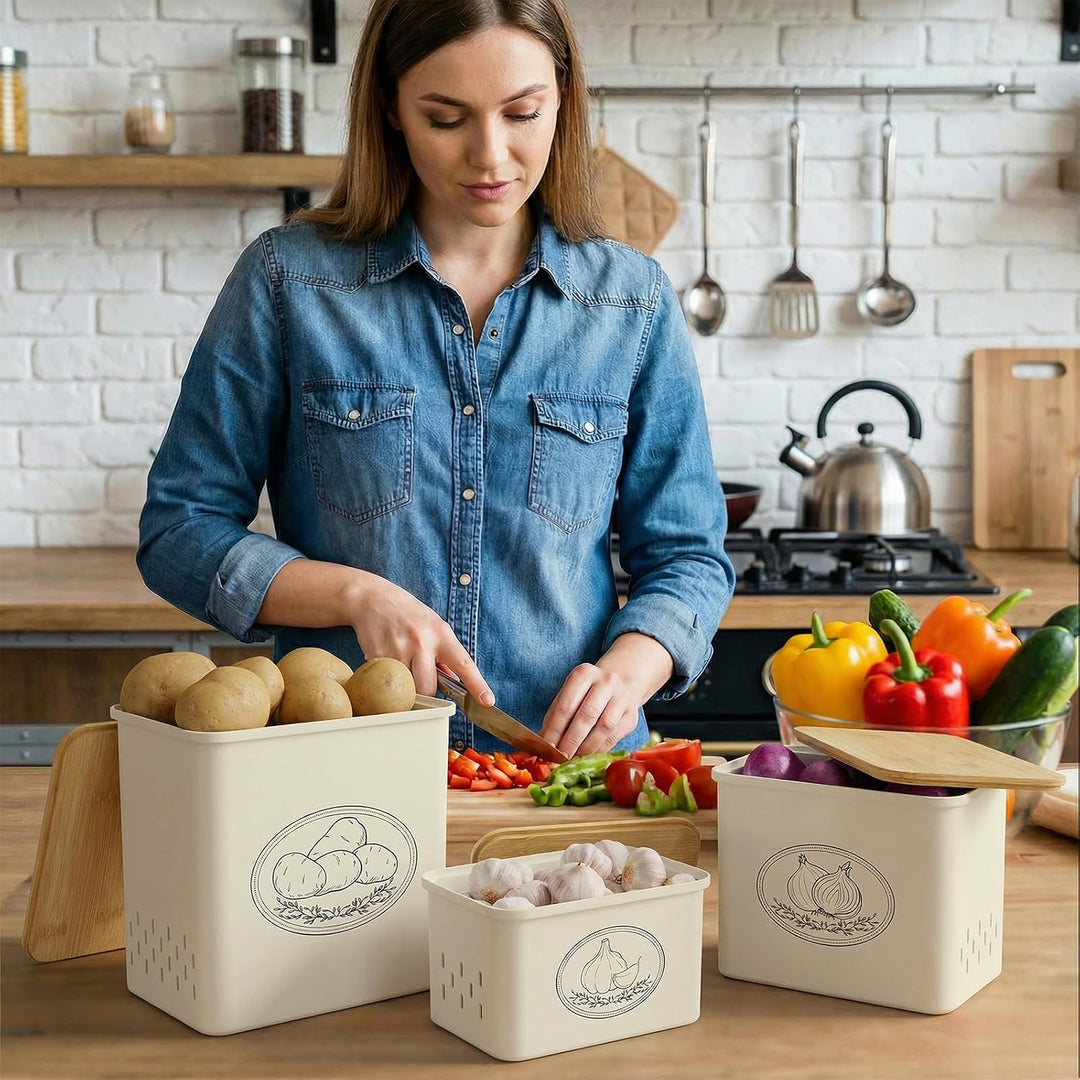 Lifewit 3er Set Kartoffel Aufbewahrungsbox, zwiebel aufbewahrung, Beige | Kunststoff behälter für Ka