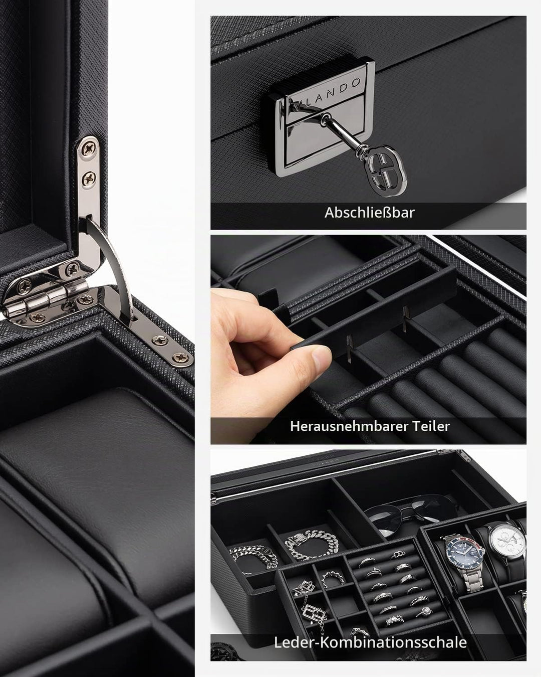 Vlando Uhrenbox Uhrenkasten mit Glasdecekel, Watch Box für Herren, Uhrenaufbewahrung Schmuckaufbewah
