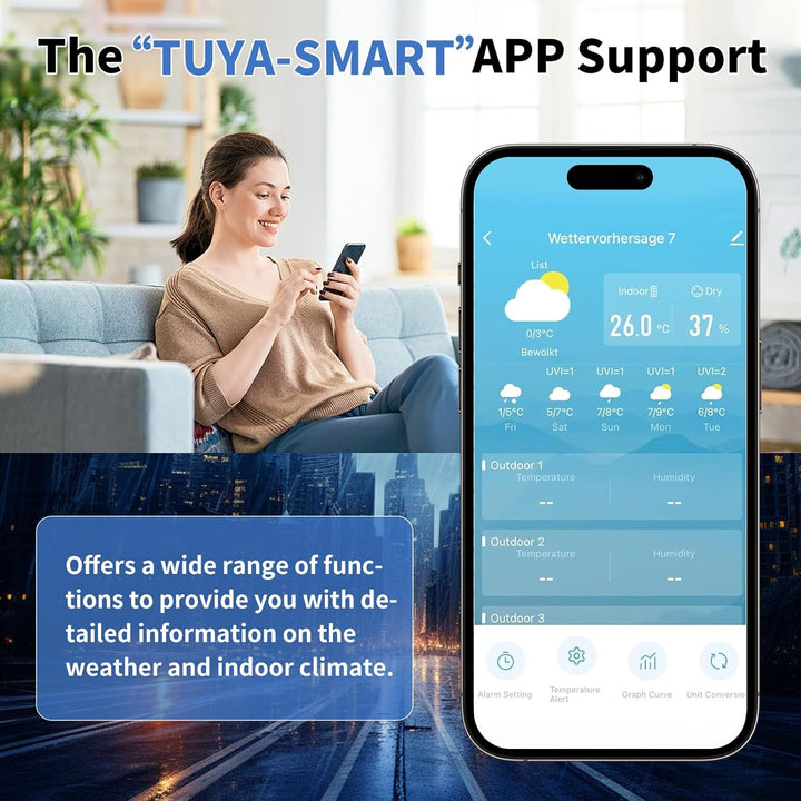 Wetterstation Wlan,Mit Aussensensor & Wettervorhersage,Mit App Tuya Und Smartlife,Digital Farbdispla