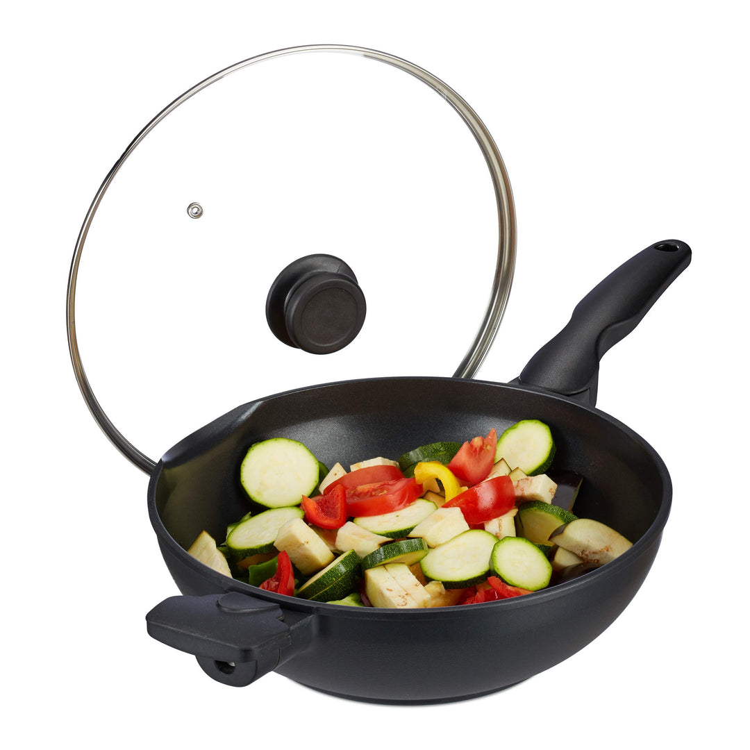 Relaxdays Wok Pfanne mit Glasdeckel 30 cm, Griffe, Antihaftbeschichtung, für Induktion, Gas-, Elektr
