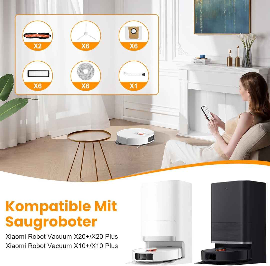 27 Stück Zubehör-Set für Xiaomi X20+ / X10 Plus Saugroboter | 2 Hauptbürsten + 6 Staubbeutel + 6 Fil