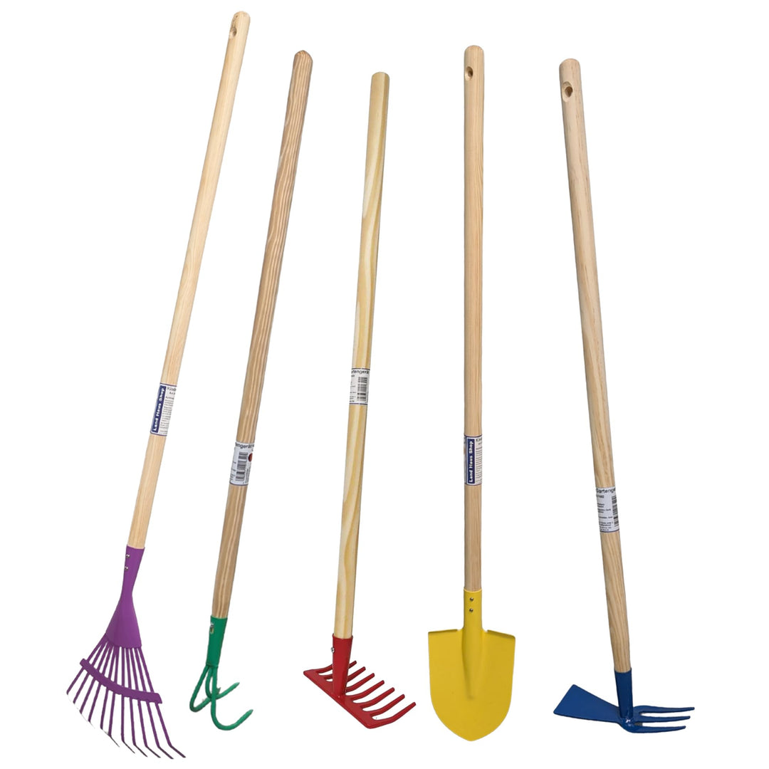 Kinder Gartengeräte Set, 5 Teile | Besen, Spaten, Harke, Rechen, Schaufel, Spielzeug Garten Geräte m