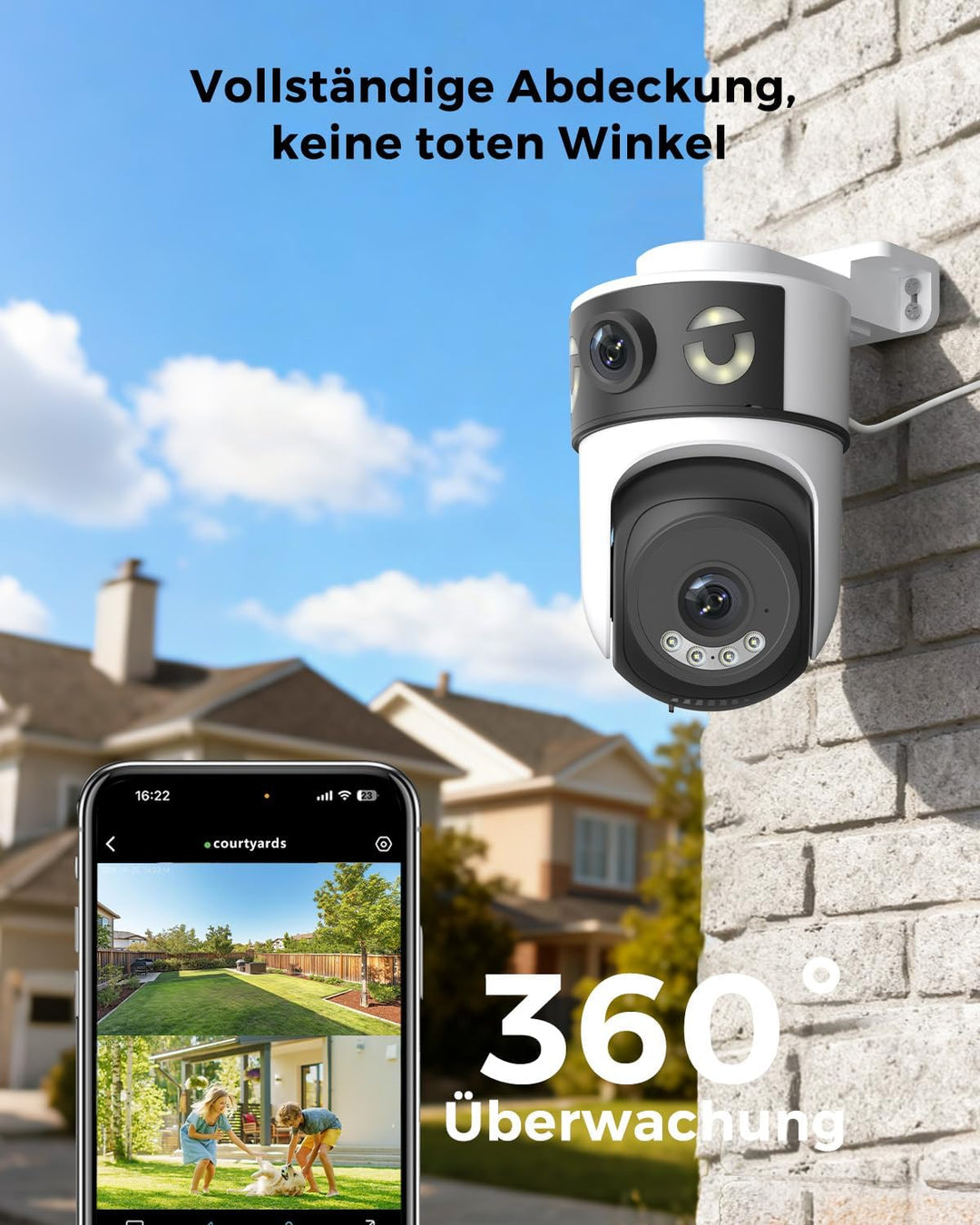 2K Überwachungskamera Aussen mit Doppelobjektiv, PTZ IP Kamera Überwachung Aussen, WLAN Kamera Outdo