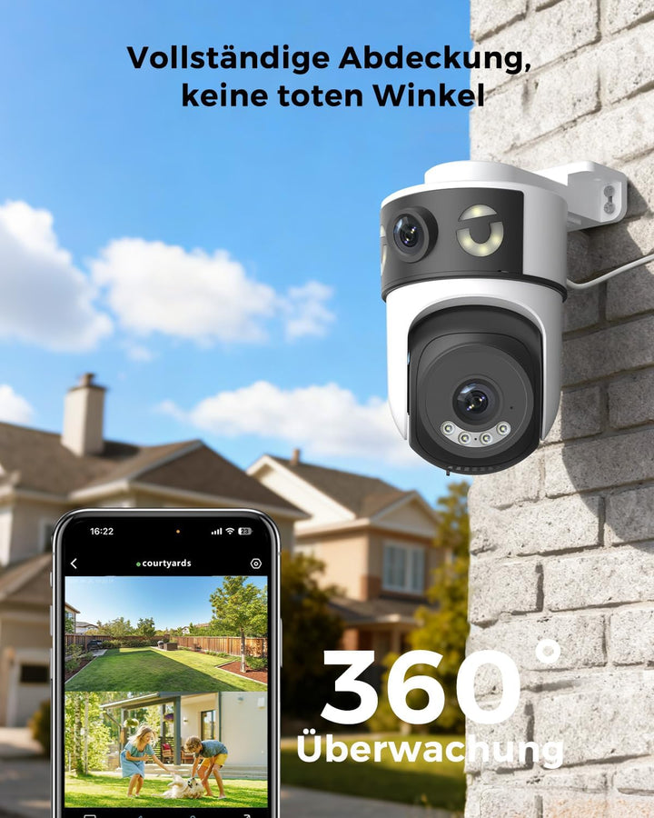 2K Überwachungskamera Aussen mit Doppelobjektiv, PTZ IP Kamera Überwachung Aussen, WLAN Kamera Outdo