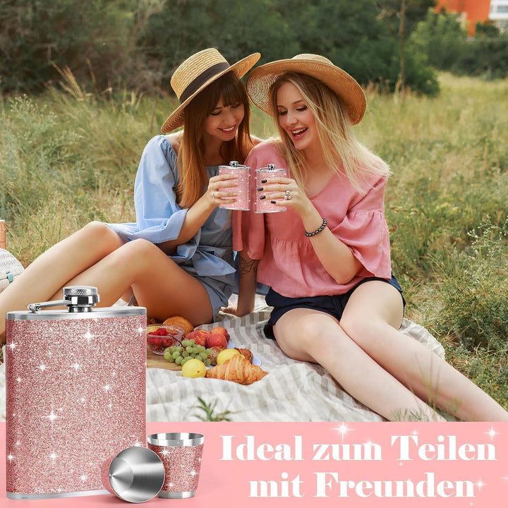 Flachmann Edelstahl und Trichter Klein Becher Rosa Schnapsbecher mit 2 Stück Schnapsglas Edelstahl S