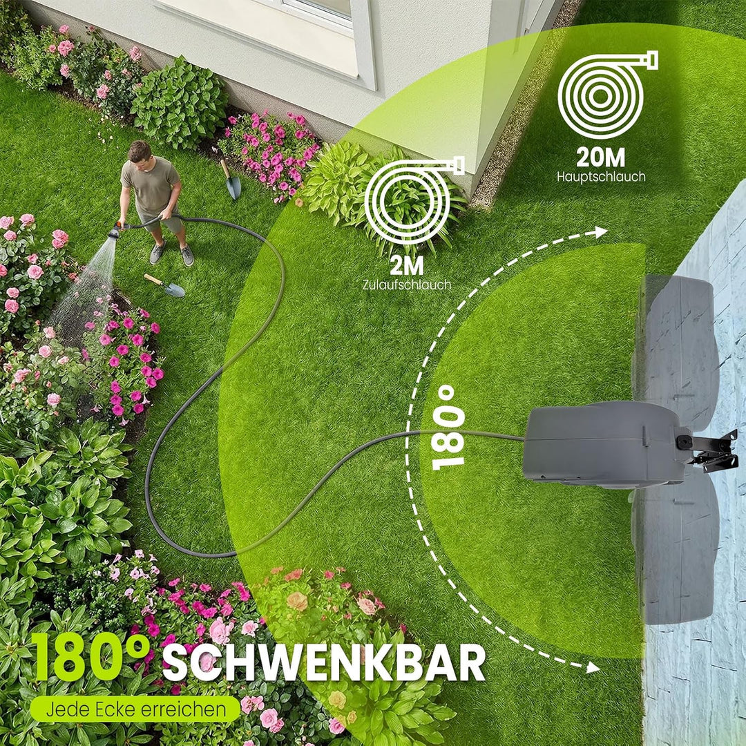 Schlauchtrommel 20m + 2m, 180°schwenkbar, Wandmontage, Automatischer Rücklauf, Längenarretierung, 10