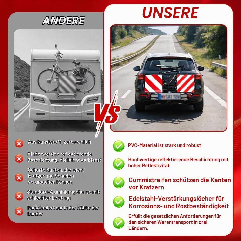 2 in 1 Warntafel Fahrradträger aus PVC für Italien, Spanien und Portugal 50 x 50 cm Reflektierendes