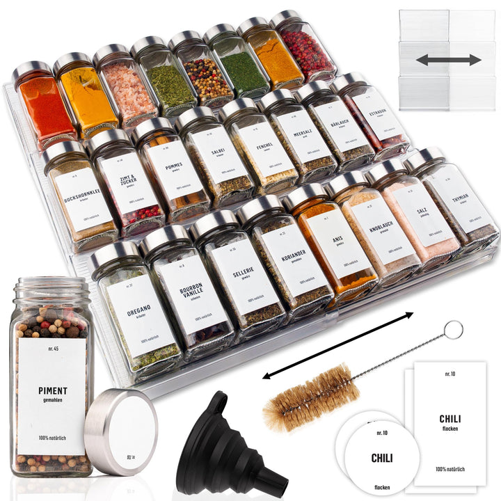 Deco haus® Gewürzregal mit Gläsern [MIT 24 GEWÜRZGLÄSER & ETIKETTEN] - Gewürzregal Schublade auszieh