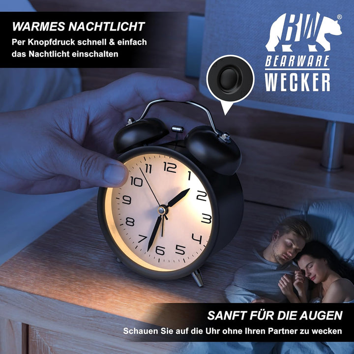 CSL - Wecker analog ohne Ticken mit Licht - LED Beleuchtung - rund - Retro Design - Glockenalarm - s