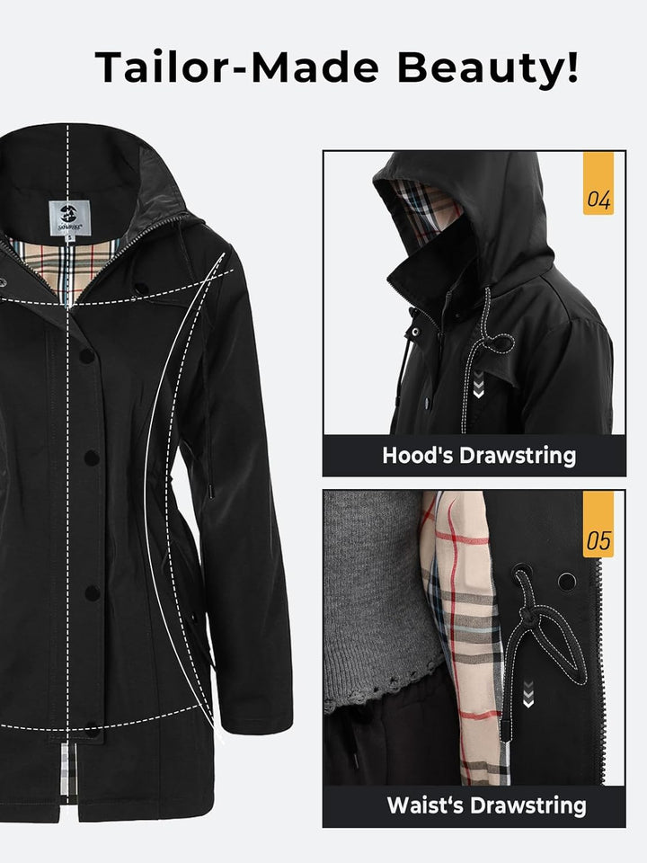SaphiRose Lange Regenjacke für Damen, Outdoor-Regenmantel, Windbreaker, mit Kapuze XXL Schwarz, XXL
