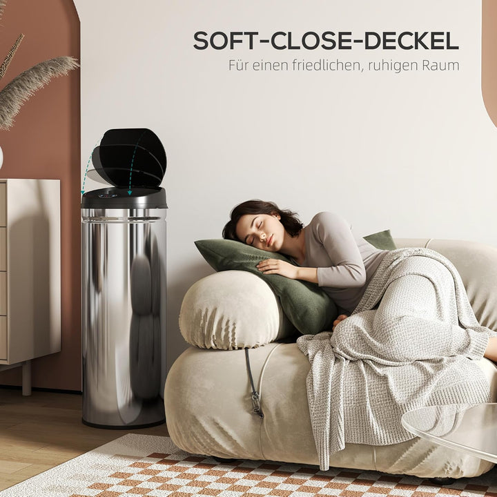 HOMCOM Mülleimer mit Sensor 50L Edelstahl Automatischer Leiser Mülleimer mit Soft-Close-Deckel, Bewe