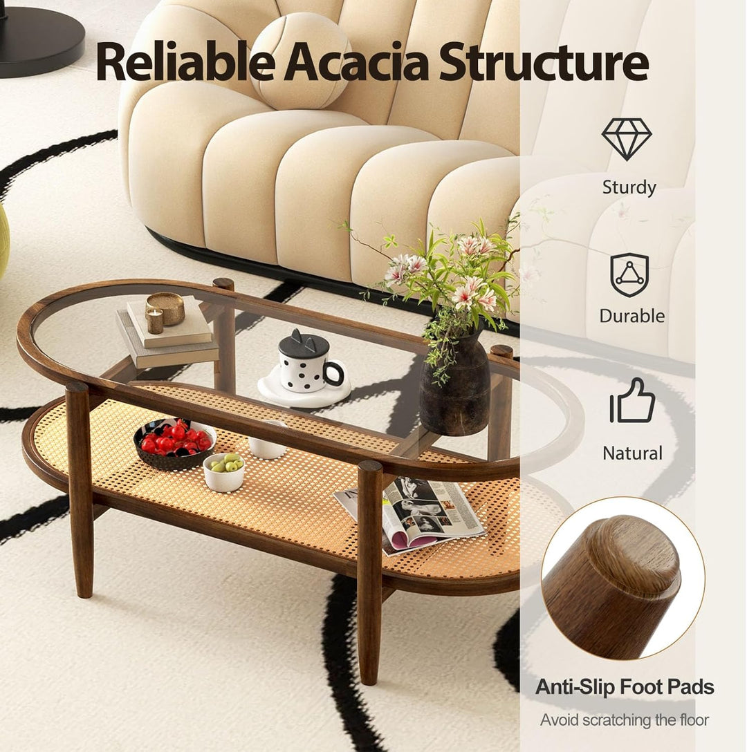 LIFEZEAL Couchtisch Glas aus Holz, Wohnzimmertisch mit 2 Ebenen, Sofatisch Glastisch aus Massivholz,