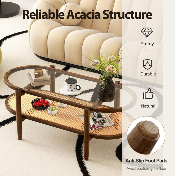 LIFEZEAL Couchtisch Glas aus Holz, Wohnzimmertisch mit 2 Ebenen, Sofatisch Glastisch aus Massivholz,