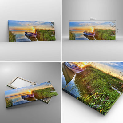 Panorama Bilder auf Leinwand 100x40cm Leinwandbild mit Rahmen See Boot Wasser Gross Wanddeko Bild Sc