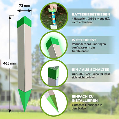 ISOTRONIC – batteriebetriebener Maulwurfvertreiber gegen Bodentiere wie Maulwürfe, Wühlmäuse, Ameise