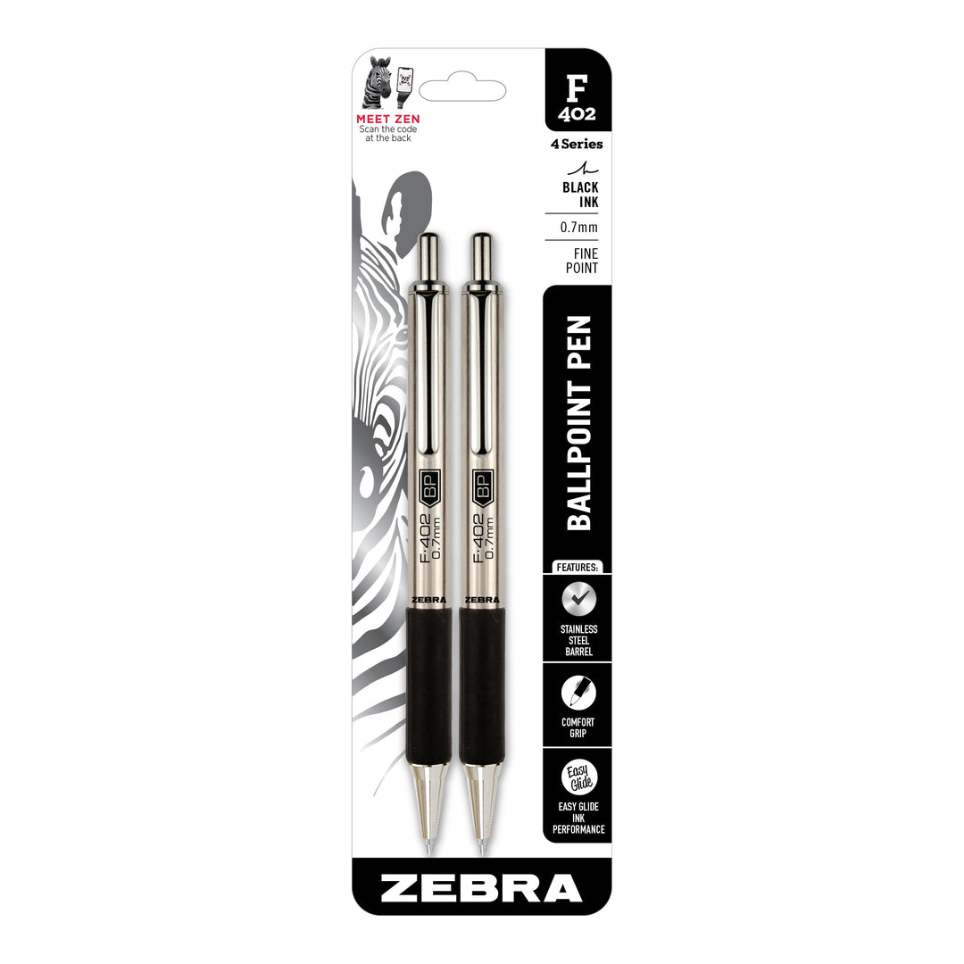 Zebra Pen F-402 Druckkugelschreiber, Edelstahlschaft, feine Spitze, 0,7 mm, schwarze Tinte, 2 Stück