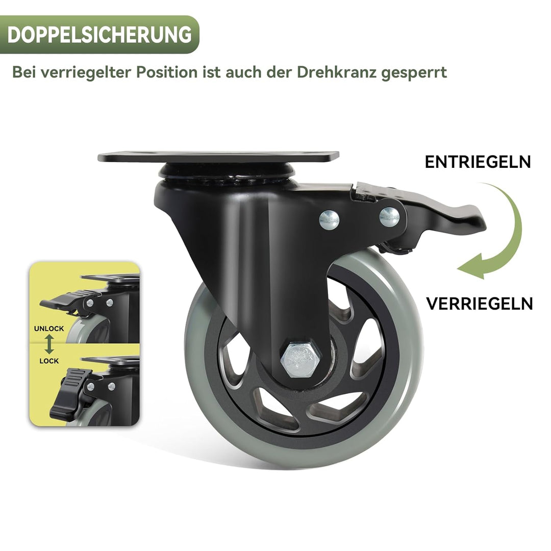 BAOLIHUI 100mm Graue Schwerlastrollen - 4er Set Lenkrollen mit Bremsen bis 600KG inkl. Montagezubehö