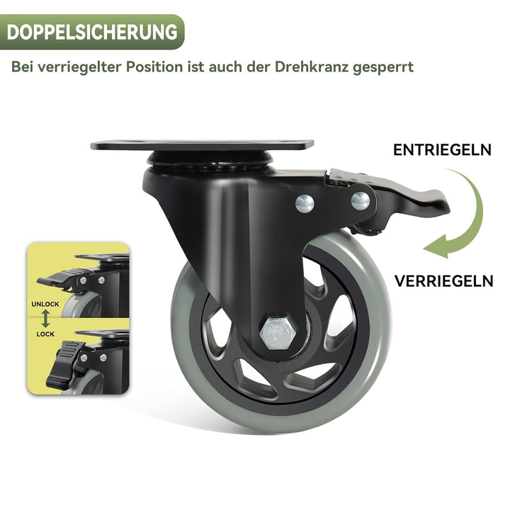 BAOLIHUI 100mm Graue Schwerlastrollen - 4er Set Lenkrollen mit Bremsen bis 600KG inkl. Montagezubehö