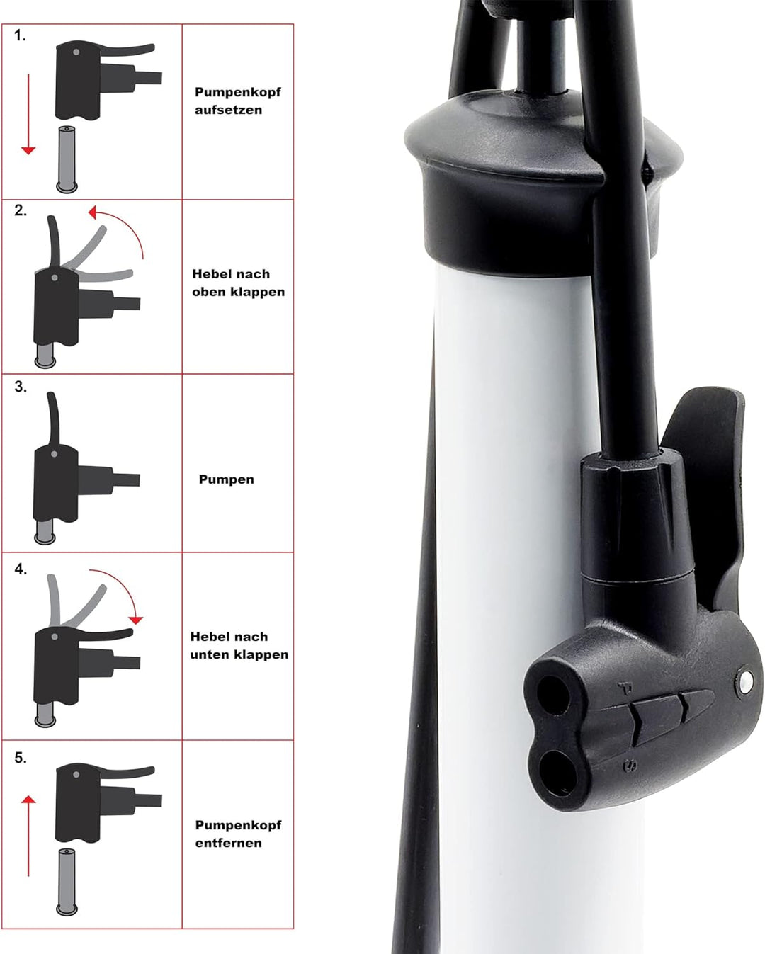 P4B | Luftpumpen mit oder ohne Manometer | Fahrradpumpe geeignet für alle Schlauchventile, Weiss = M