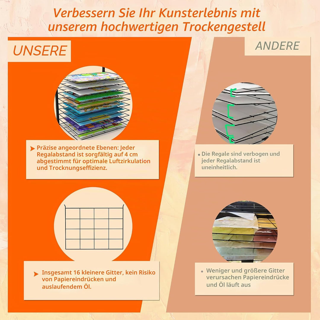 Kunst-Trockenständer, 10 verstellbare Ablagen, passend für alle Wände, Kunsttrockengestell für Klass