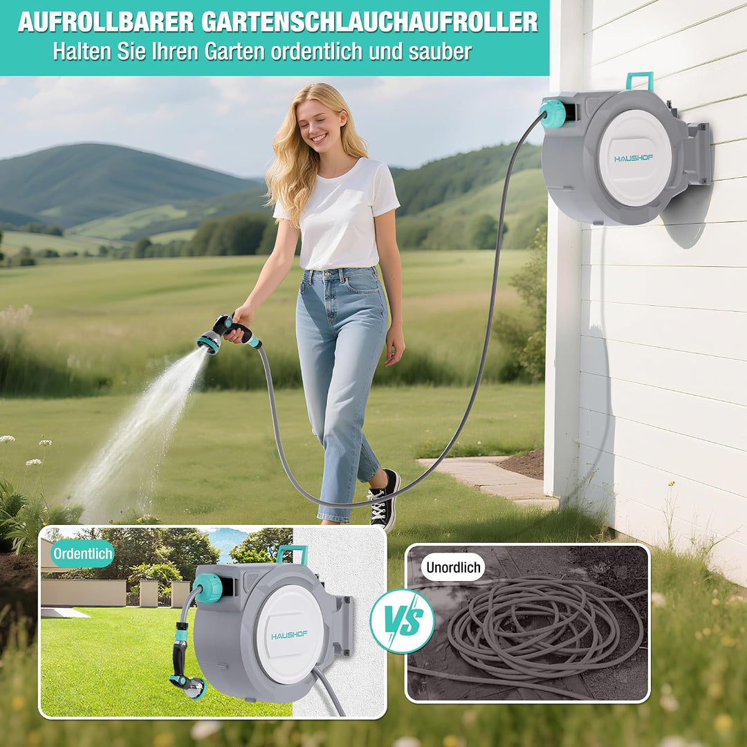 HAUSHOF Schlauchtrommel 30+2m Gartenschlauchaufroller mit 180° Schwenkbarer Wandhalterung und 10 Spr