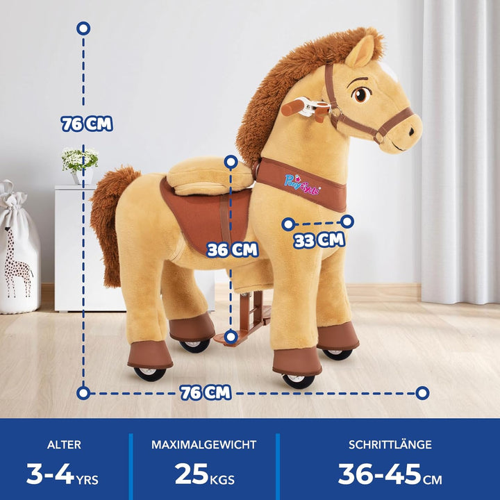 PonyCycle® Schaukelpferd auf Rollen | für Kinder 3–4 Jahre, 76cm | Hellbraunes Plüsch Reitpferd mit