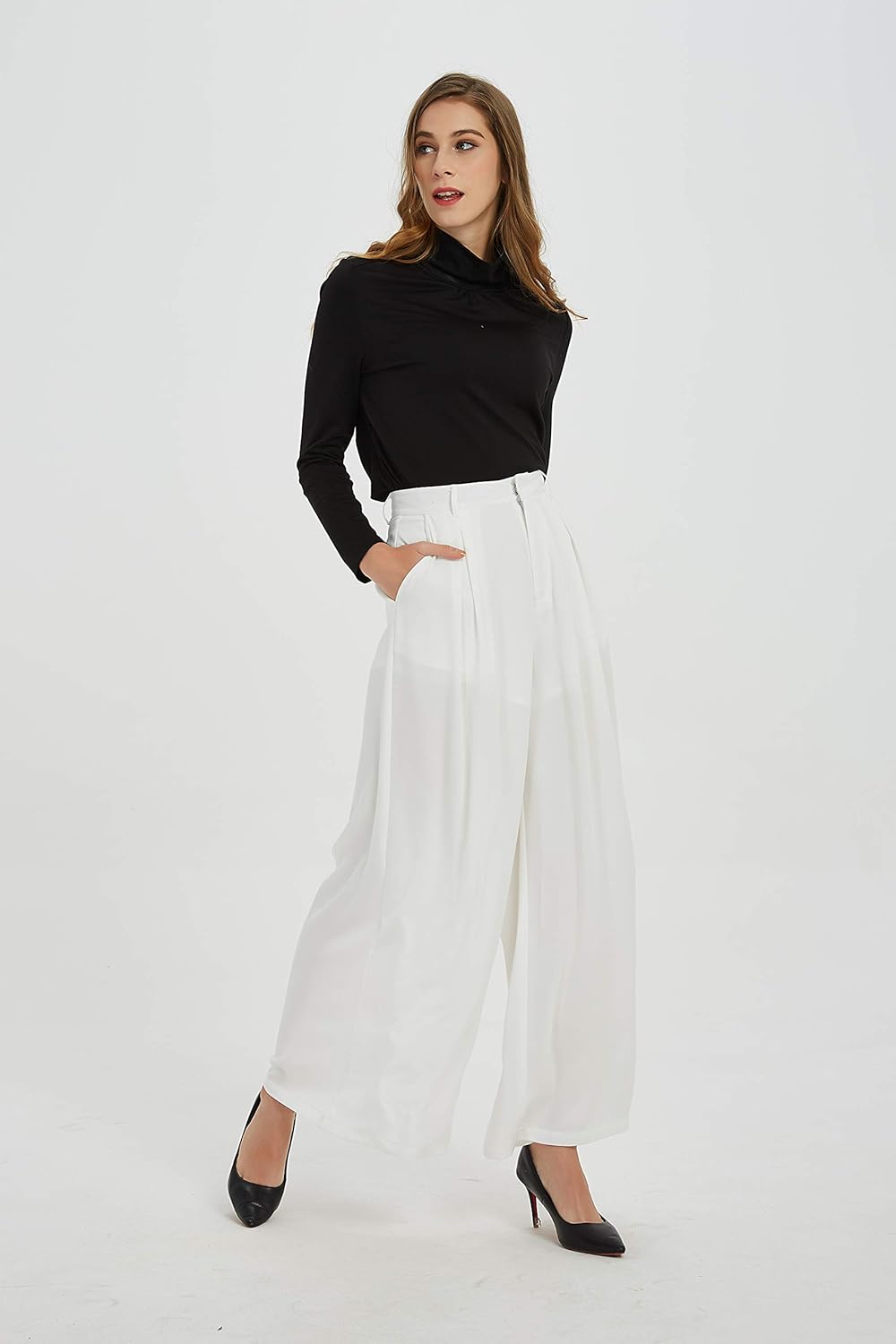 Tronjori Damen Hose Weites Bein Frauen Lange Hose mit Taschen Einfarbig Lose elastische Hohe Taille
